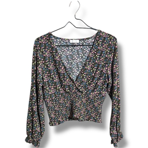 Paper Crane Black with Vibrant Pink and Yellow Floral Long Sleeve Wrap Blouse - Picture 10 of 16